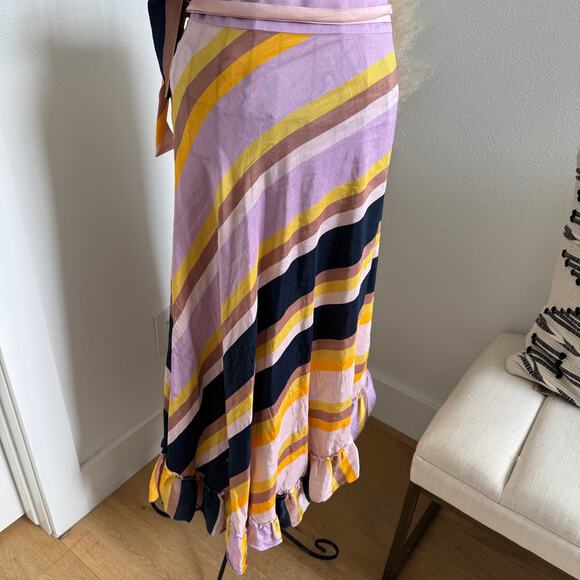 Apiece Apart Feliz Olivio Stripe Asymmetrical Midi Ruffle Linen Silk Skirt Sz 2 - Picture 3 of 10